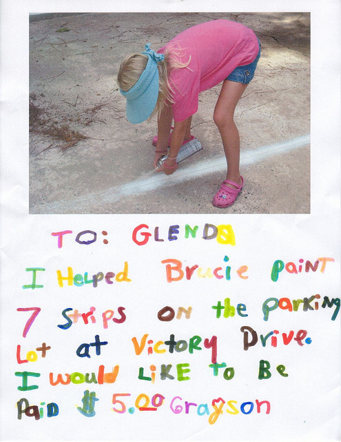 invoicing Bruce Tuten Girl painting lines with note for payment in childish handwriting